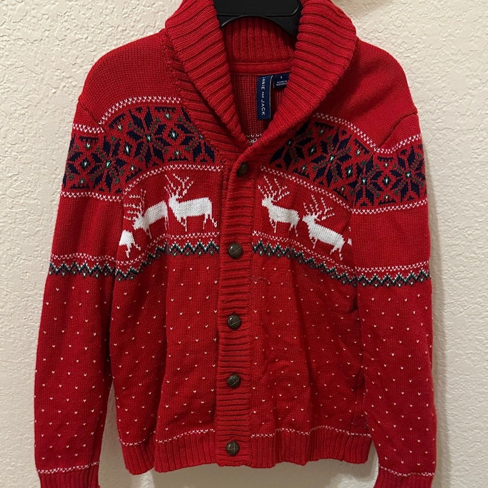 Janie and Jack Red Cardigan with Reindeer Design